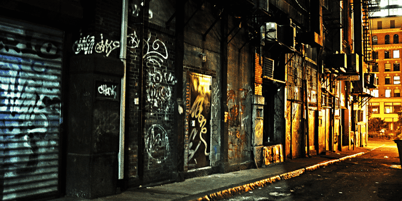 dark street, dark alley, clown hideout