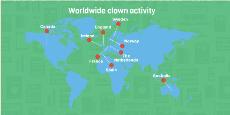 Map worldwide clown incidents, clown incidents